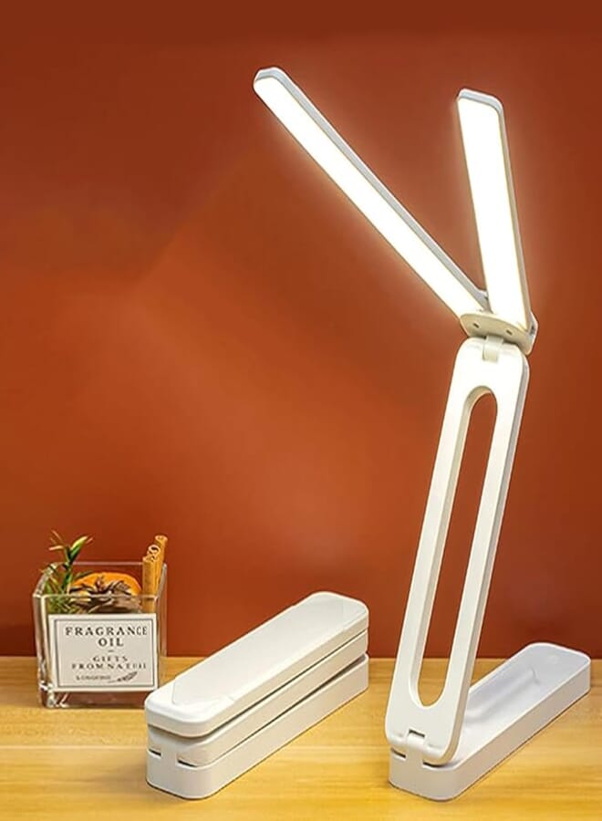 WISHKEY Double Head LED Desk Lamp, USB Rechargeable Study Lamp with Built-in Battery, Wall Mounted, Foldable and Portable Study Lamp for Kids and Adults, White (Pack of 1)